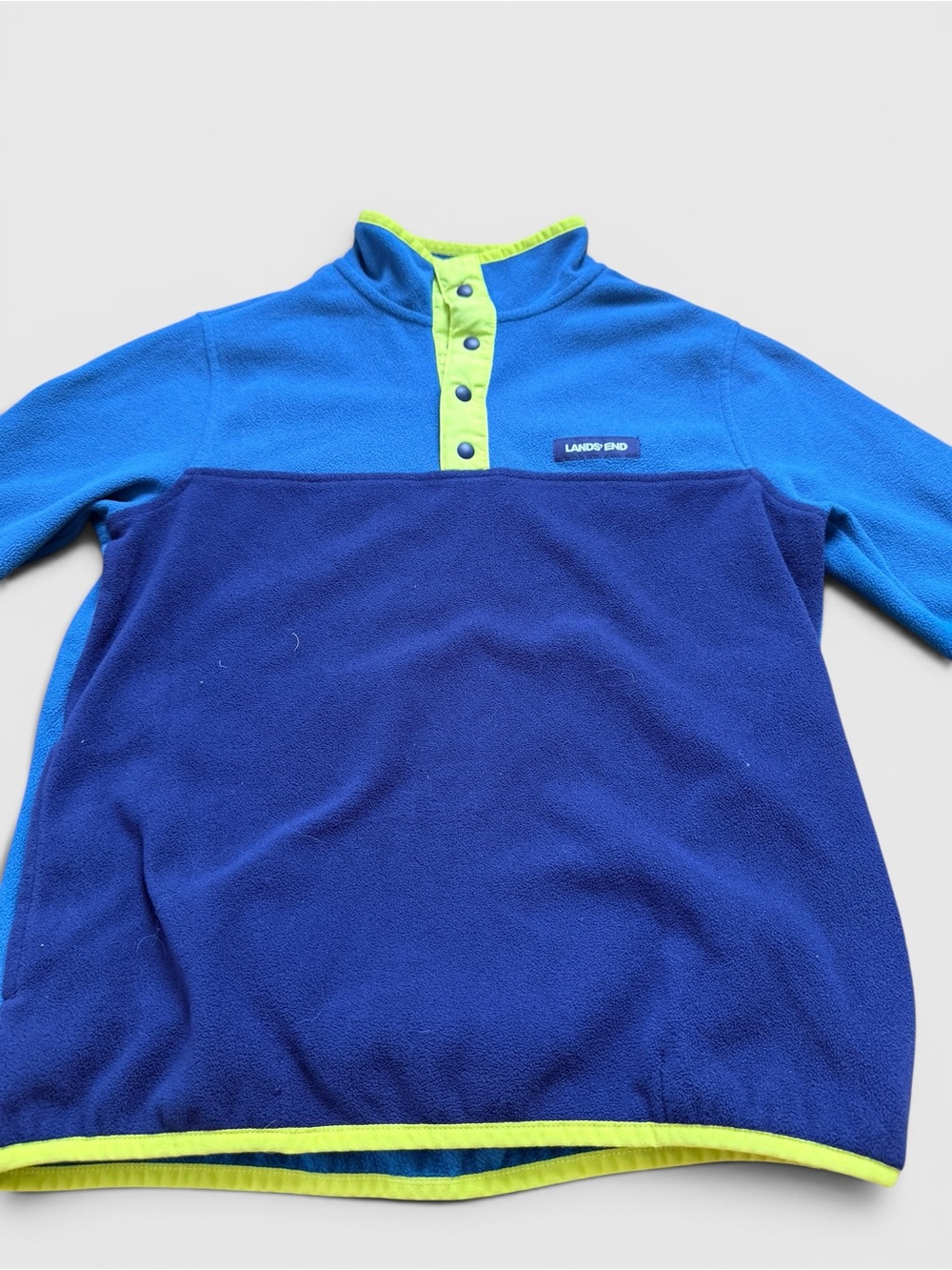 Lands’ End Kids Fleece Pullover Large 10-12 Blue Green Snap Mock Neck